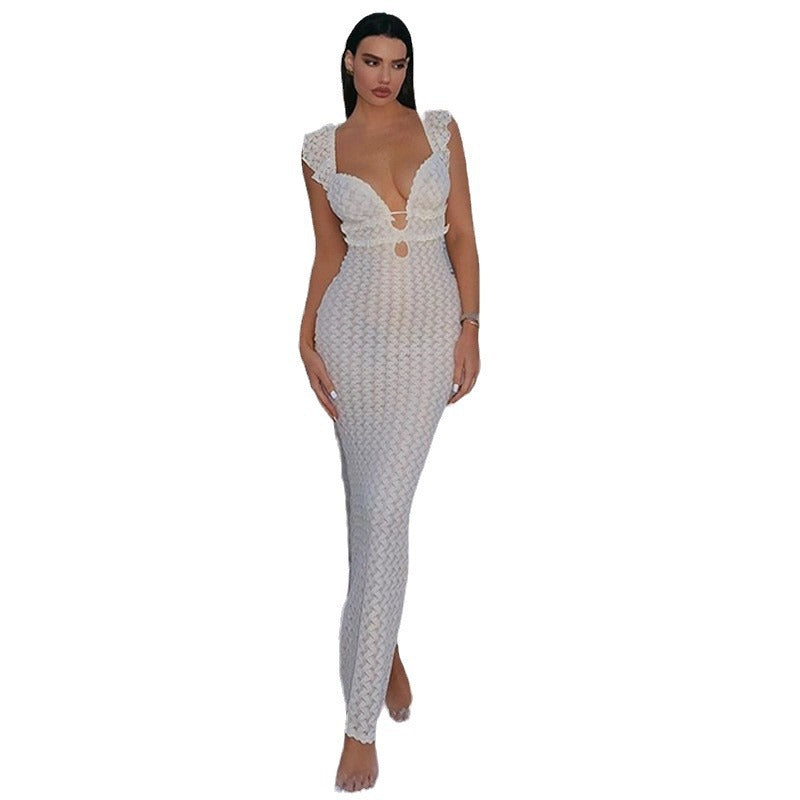 Damen figurbetontes Spitzenkleid mit tiefem V-Ausschnitt und Rüschendetails Shopnory