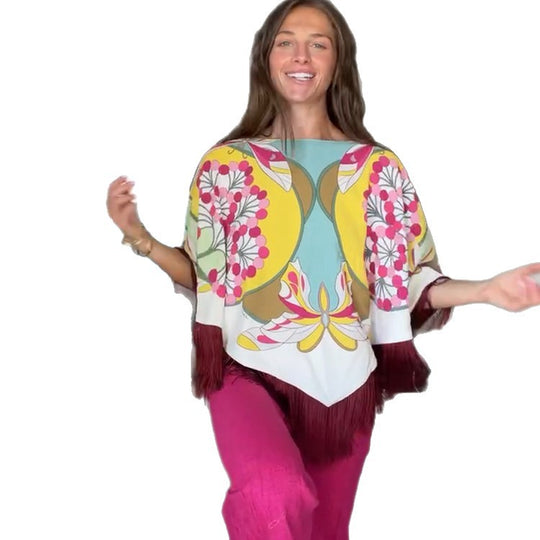 Damen Seiden-Print Poncho mit retro-floralem Muster und langen Fransen Shop Nory