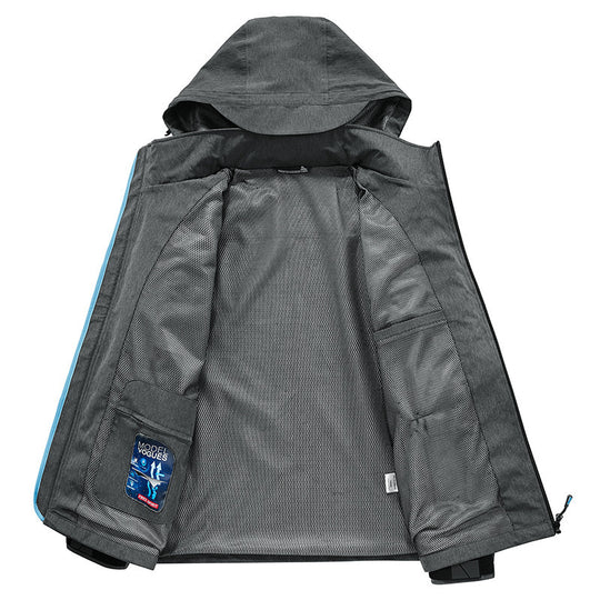 Herren Wetterresistente Softshell-Outdoorjacke mit Kapuze, hohem Kragen und verschweißten Nähten Shop Nory