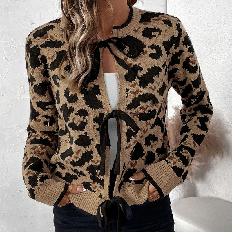 Damen Leopardmuster Strickcardigan mit Bindeschleifen und gerippten Bündchen Shop Nory