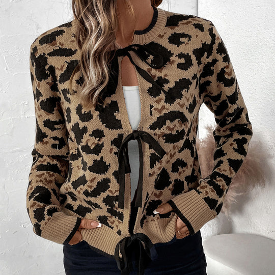 Damen Leopardmuster Strickcardigan mit Bindeschleifen und gerippten Bündchen Shop Nory