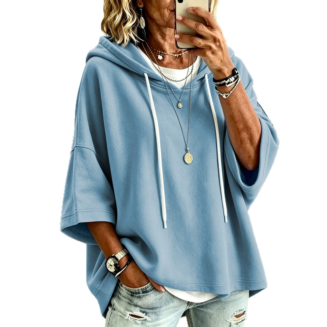 Damen Kurzarm-Oversize-Hoodie mit Kapuze und Kontrastkordel Shop Nory