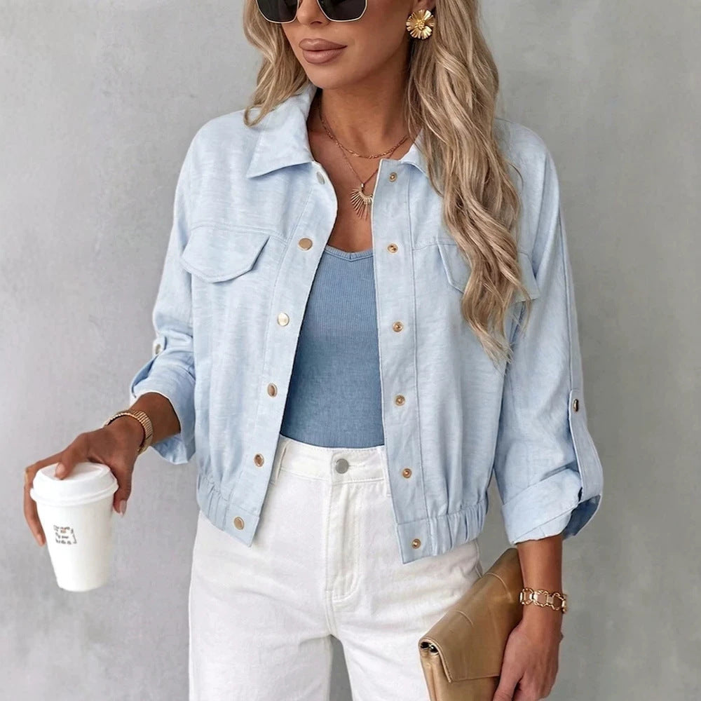 Damen Leichte Chambray-Boxy-Jacke mit Gummibund, Druckknöpfen und aufgesetzten Brusttaschen Shop Nory