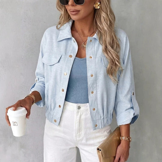 Damen Leichte Chambray-Boxy-Jacke mit Gummibund, Druckknöpfen und aufgesetzten Brusttaschen Shop Nory