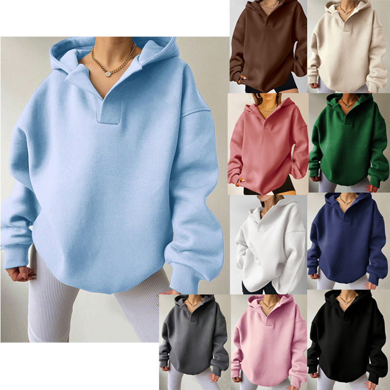 Damen Oversize-Kapuzenpullover aus schwerem Sweatstoff mit V‑Ausschnitt‑Detail und langen Rippbündchen Shop Nory