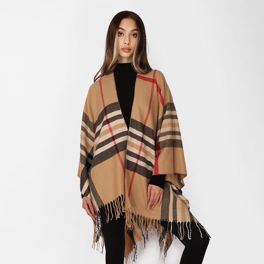 Damen Karierter Wollmix-Poncho mit Fransen und offenem Kimono-Schnitt Shop Nory