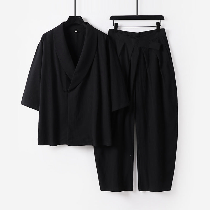 Damen Zweiteiliges Kimono-Loungewear-Set mit Schalkragen Kurzarm-Oberteil und hochtaillierter Plissee-Hose Shop Nory