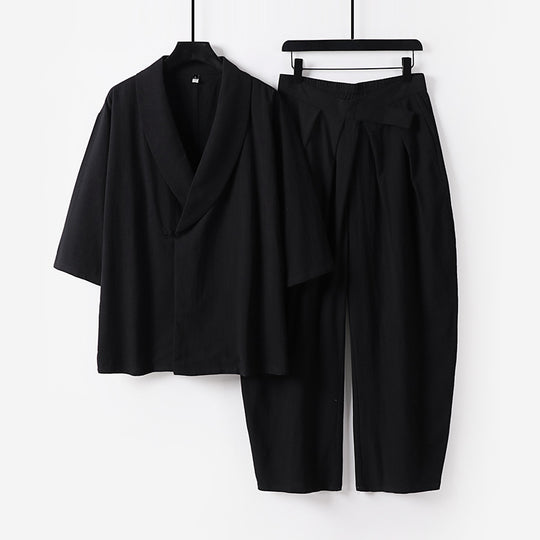 Damen Zweiteiliges Kimono-Loungewear-Set mit Schalkragen Kurzarm-Oberteil und hochtaillierter Plissee-Hose Shop Nory