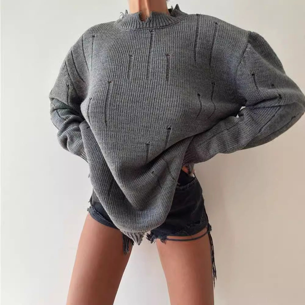 Damen Oversized Grobstrickpullover mit Distressed-Details und geripptem Saum Shop Nory