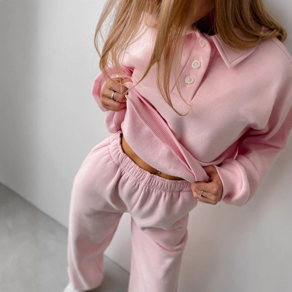 Damen Casual-Set aus schwerem French-Terry mit Polokragen-Cropped-Sweater und weitem High-Waist-Sweathose Shop Nory