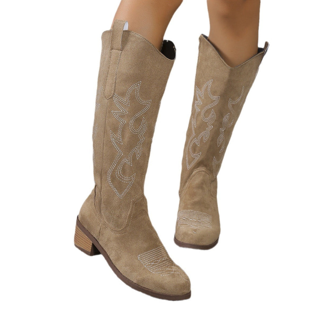 Damen Stiefel im Western-Stil mit modischem Zierstickmuster und komfortablem Blockabsatz