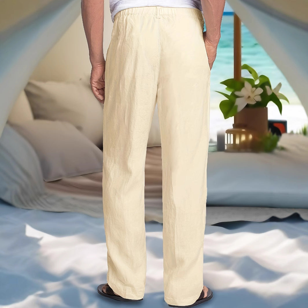 Herren Leichte Leinen-Baumwoll-Hose mit elastischem Bund, Kordelzug und geradem Bein Shop Nory