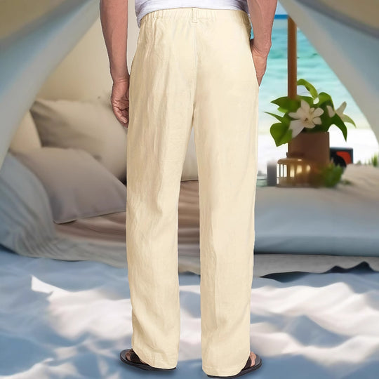 Herren Leichte Leinen-Baumwoll-Hose mit elastischem Bund, Kordelzug und geradem Bein Shop Nory