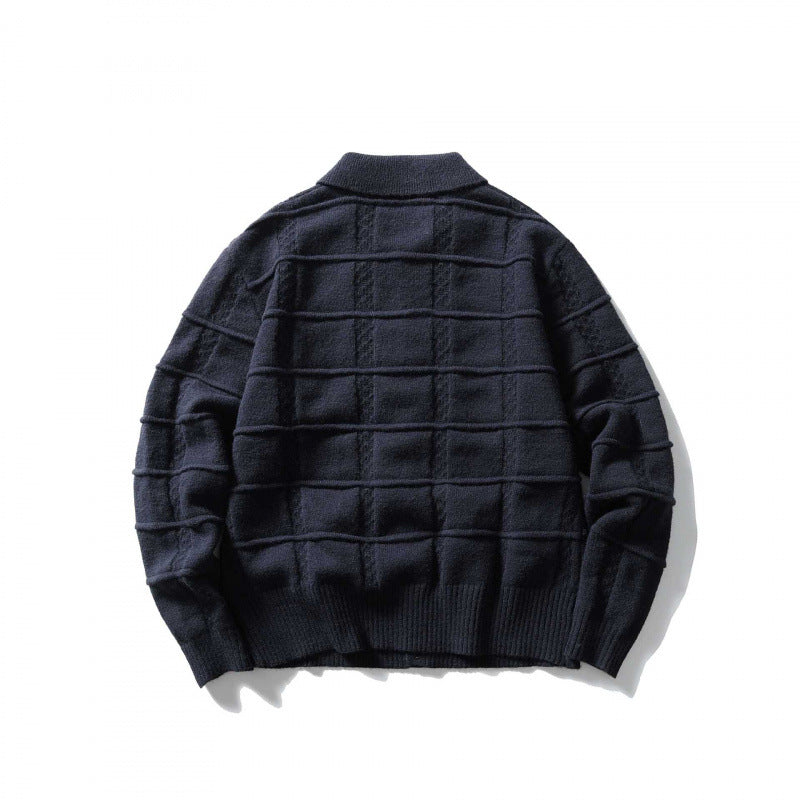 Unisex Kastenförmige Strickjacke mit Hemdkragen und strukturierter Karoprägung Shop Nory