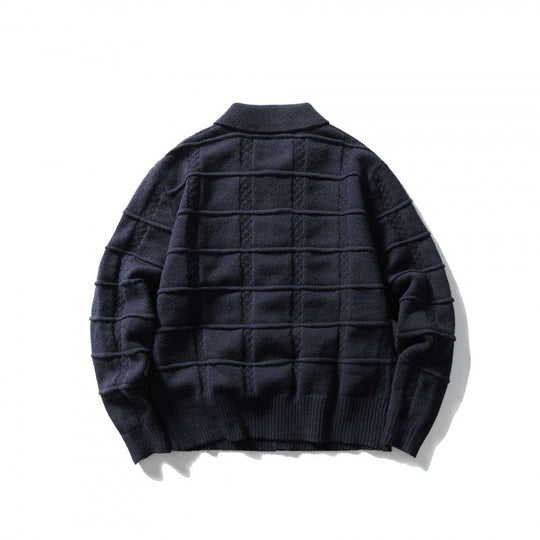 Unisex Kastenförmige Strickjacke mit Hemdkragen und strukturierter Karoprägung Shop Nory