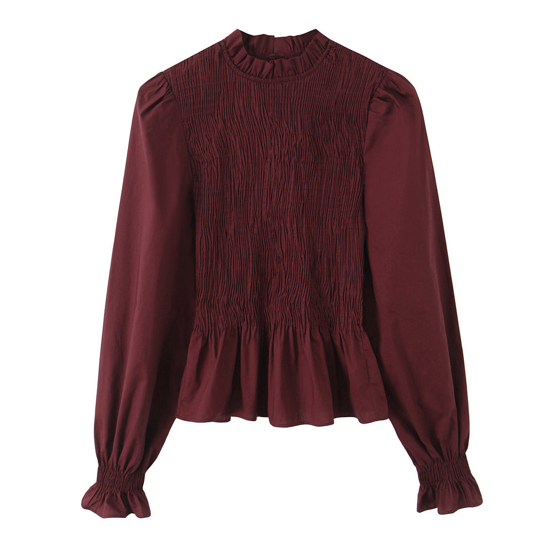 Damen Langärmlige Smockbluse mit Stehkragen und Volantsaum Shop Nory