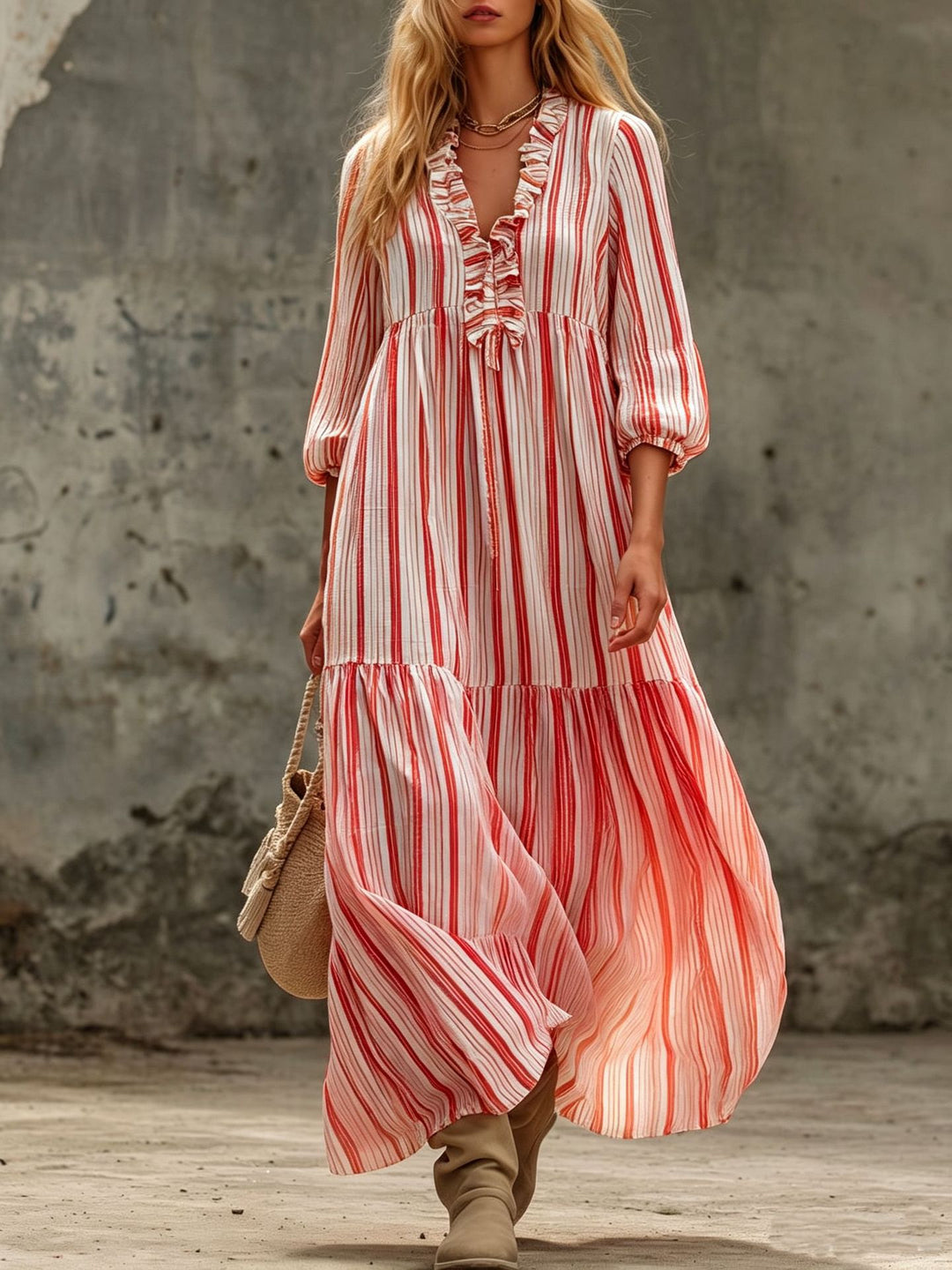 Damen Maxikleid mit Rüschen-V-Ausschnitt und Ballonärmeln Shop Nory