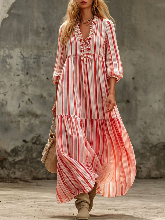 Damen Maxikleid mit Rüschen-V-Ausschnitt und Ballonärmeln Shop Nory