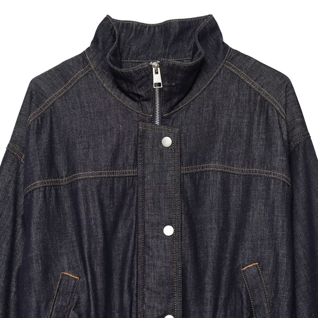 Damen Cropped Jeansjacke mit Taillengürtel, Stehkragen und Ballonärmeln Shop Nory