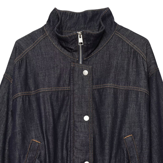 Damen Cropped Jeansjacke mit Taillengürtel, Stehkragen und Ballonärmeln Shop Nory