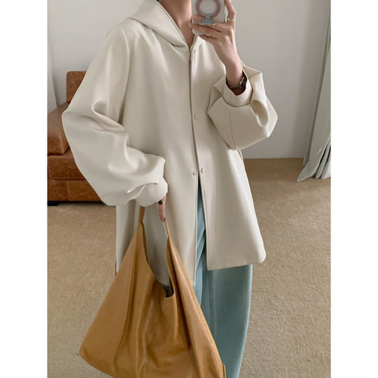 Damen Oversize Midimantel mit Kapuze, verdeckter Knopfleiste und voluminösen Ärmeln Shop Nory