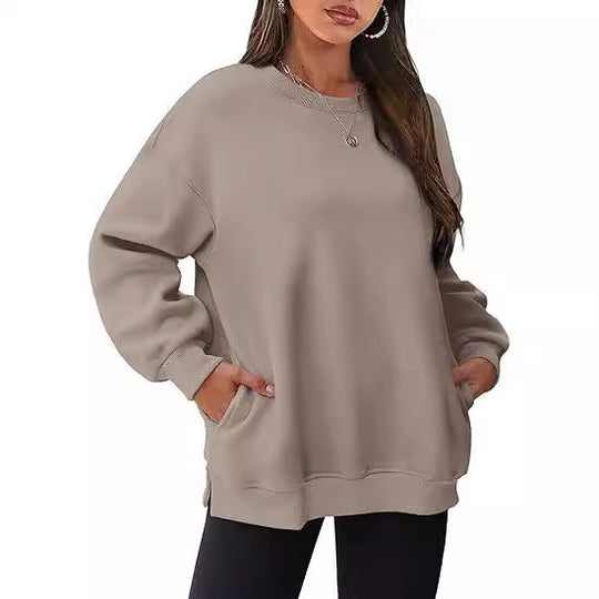 Damen nan lässiger Oversize-Sweatpullover mit seitlichen Eingrifftaschen, geripptem Saum und überschnittener Schulter Shop Nory