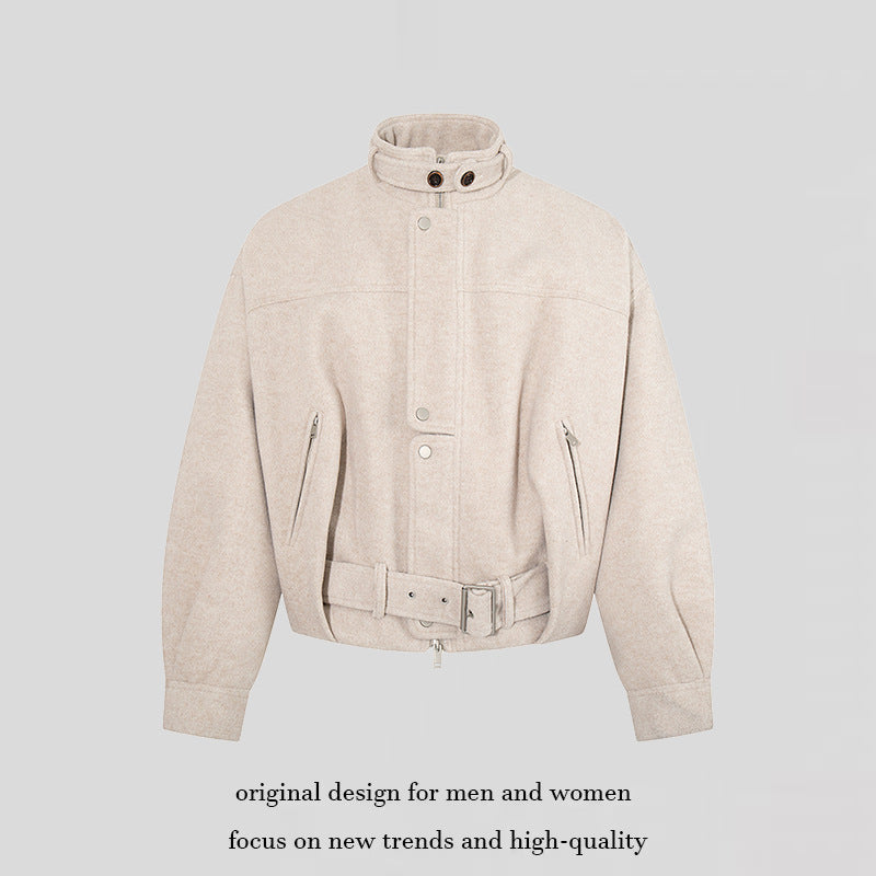 Damen kurze Woll-Bomberjacke mit hohem Stehkragen, Taillengürtel und verdeckter Reißverschluss Shop Nory