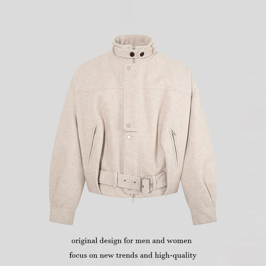 Damen kurze Woll-Bomberjacke mit hohem Stehkragen, Taillengürtel und verdeckter Reißverschluss Shop Nory