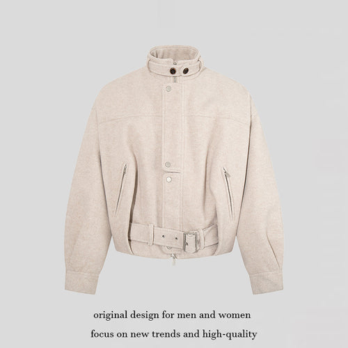 Damen kurze Woll-Bomberjacke mit hohem Stehkragen, Taillengürtel und verdeckter Reißverschluss Shop Nory