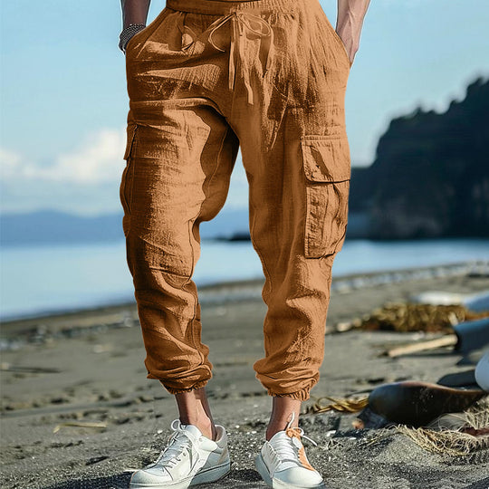 Herren nan lässige Cargohose im Joggerstil mit Crinkle-Leinenoptik Kordelbund und Mehrfachtaschen Shop Nory