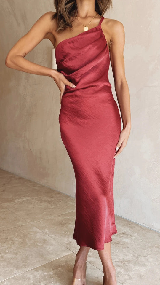 Damen Satin-Midikleid mit asymmetrischem Schnitt und elegantem Flair