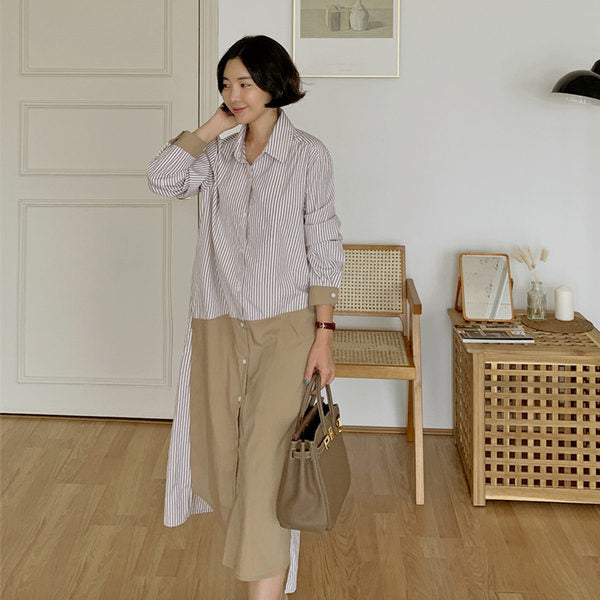 Damen Zweiteilig wirkendes Hemdkleid im Lagenlook mit Streifenpassé, kontrastiertem Rockteil und seitlichem Schlitz Shop Nory