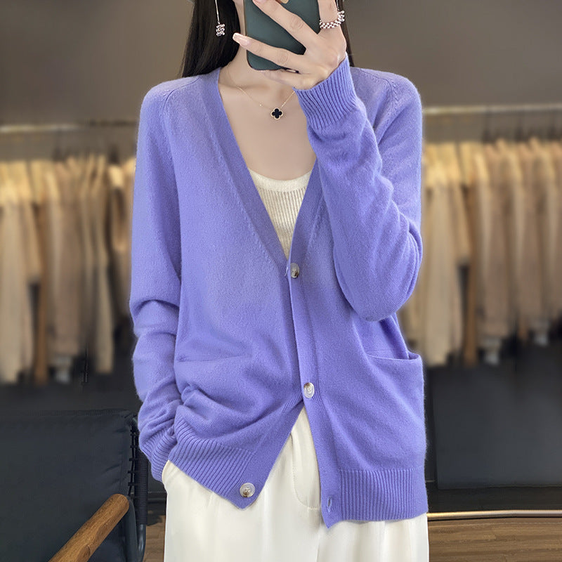 Damen Lässiger Feinstrick-Cardigan mit V‑Ausschnitt, Eingrifftaschen und breitem Rippbund Shop Nory
