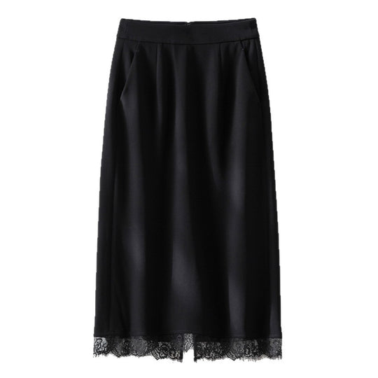 Damen Midirock aus Satin mit Spitzenbesatz und Seitentaschen Shop Nory