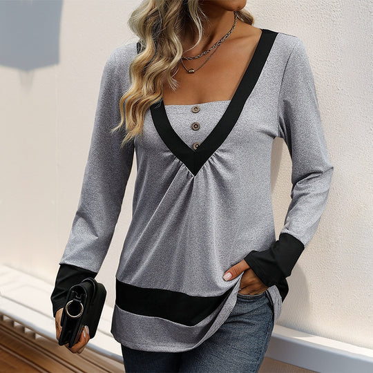 Damen Longsleeve mit tiefem V-Ausschnitt, Zierknopfleiste und Kontrastbordüren Shop Nory