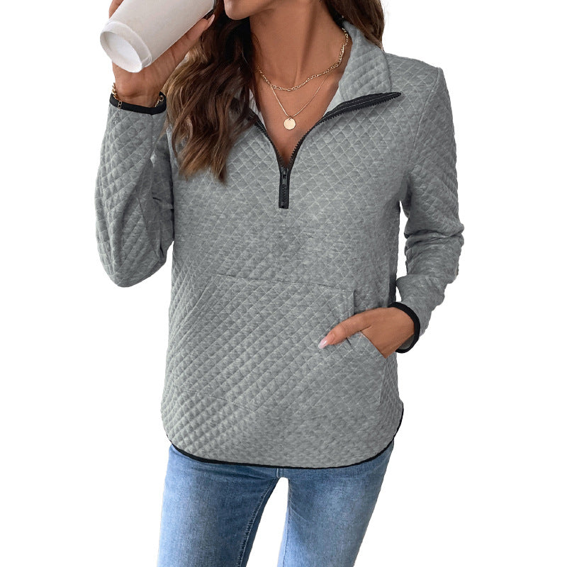Damen Gepolsterter gesteppter Pullover mit Halbreißverschluss und Kängurutasche Shop Nory
