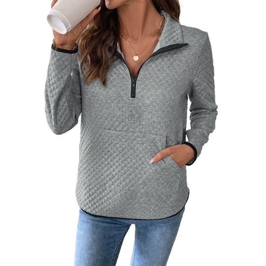Damen Gepolsterter gesteppter Pullover mit Halbreißverschluss und Kängurutasche Shop Nory