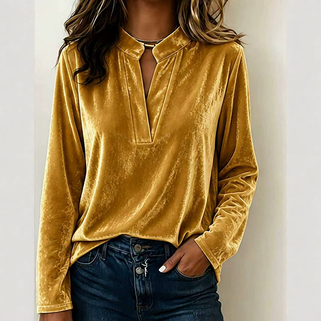 Damen Samtbluse mit Stehkragen, tiefem V-Ausschnitt und lockerem Langarm-Schnitt Shop Nory