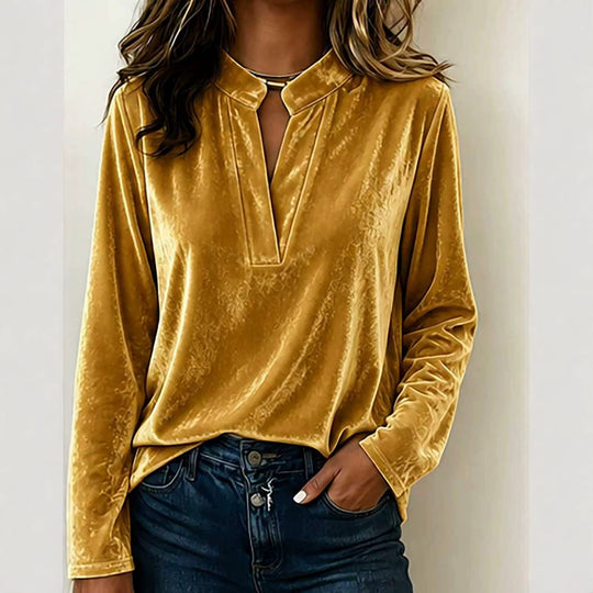 Damen Samtbluse mit Stehkragen, tiefem V-Ausschnitt und lockerem Langarm-Schnitt Shop Nory