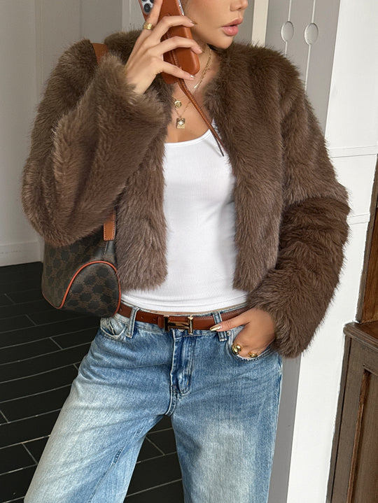 Damen nan kurzes Faux‑Fur Jacke mit voluminösen Ärmeln, offenem Schnitt und kuscheliger Innenfutter Shop Nory