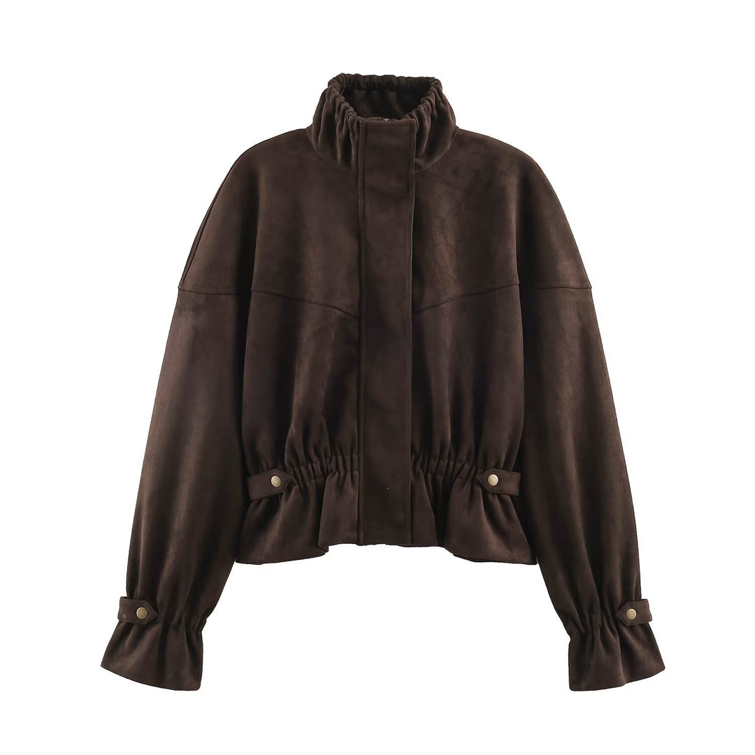Damen Kurze Velours‑Optik Jacke mit Tunnelzug‑Taillierung, hohem Stehkragen und verstellbaren Manschetten Shop Nory