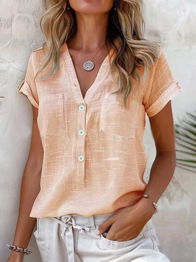 Damen Kurzarm Leinenbluse mit Knopfdetails