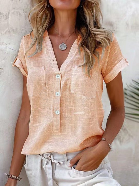 Damen Kurzarm Leinenbluse mit Knopfdetails