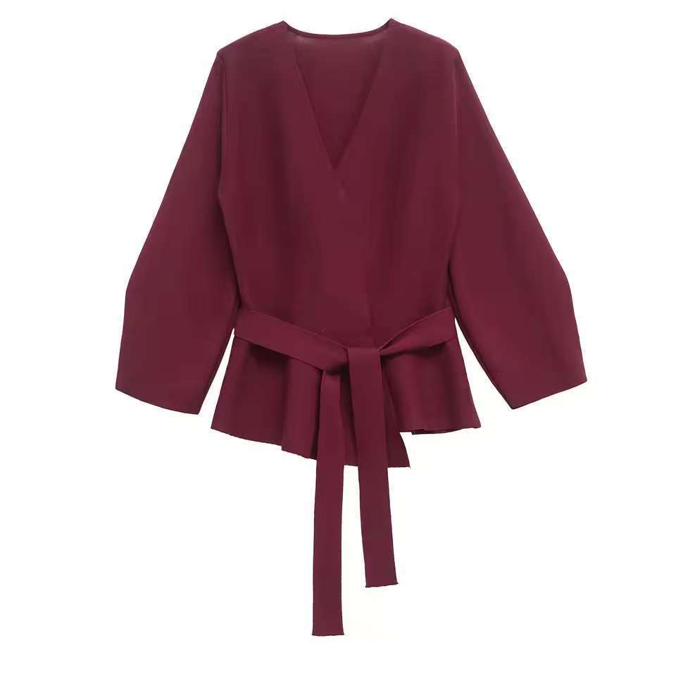 Damen Taillierte Bluse mit Wickelgürtel und Schößchen Shop Nory