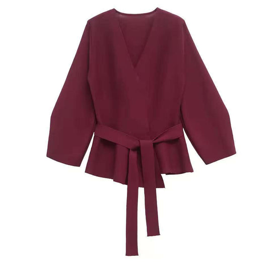 Damen Taillierte Bluse mit Wickelgürtel und Schößchen Shop Nory
