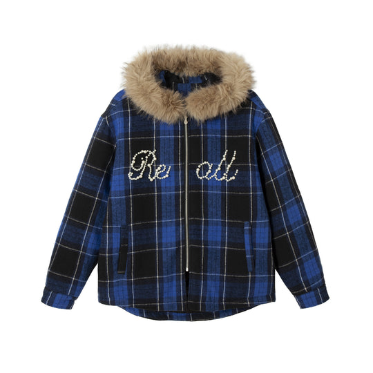 Damen karierter Wollmix-Blouson mit abnehmbarem Kunstfellkragen und Perlenapplikation Shop Nory