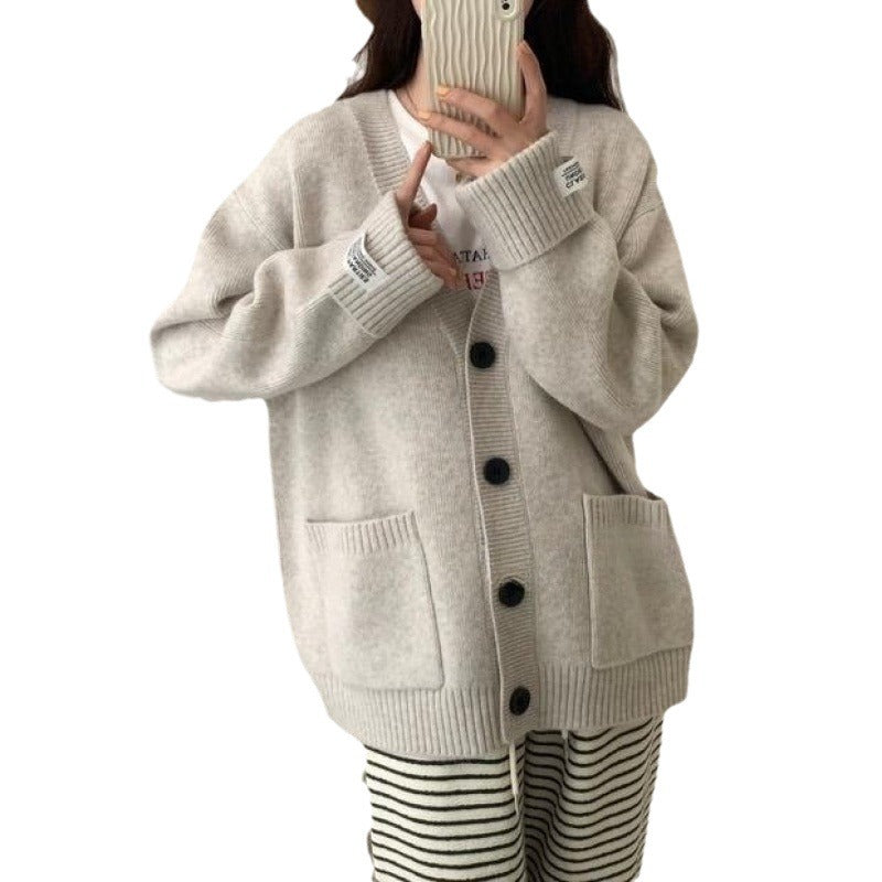 Damen Grob gestrickter Cardigan mit großen Taschen und tiefem V-Ausschnitt
