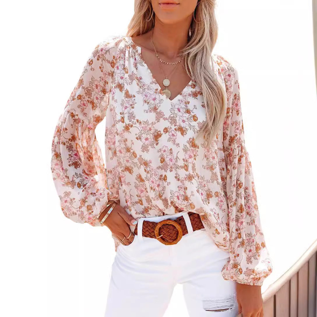 Damen Bluse mit floralen Mustern und V-Ausschnitt