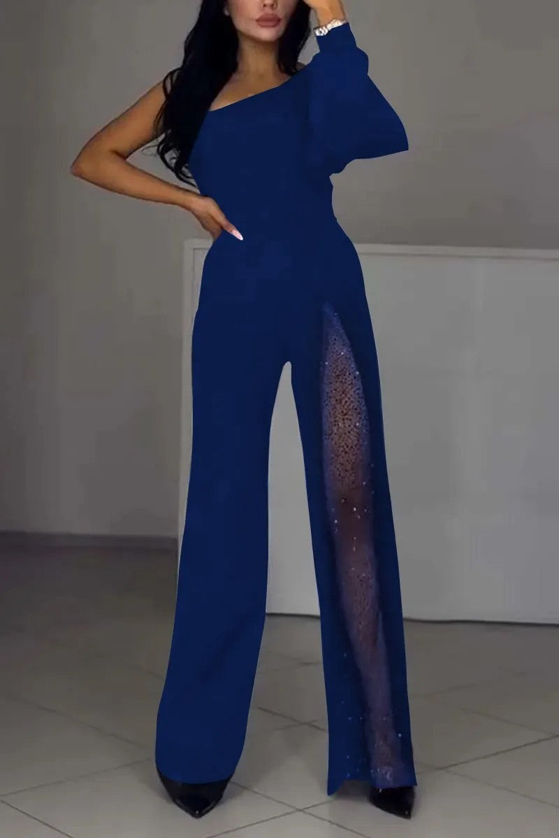 Damen Eleganter Jumpsuit mit transparenten Einsätzen und Pailletten
