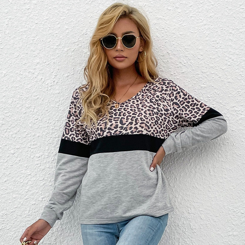 Damen Langarmshirt mit V-Ausschnitt und Leopardenmuster im Colorblock-Design Shop Nory